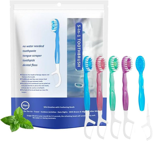 5 in 1 Disposable Mini Travel Toothbrushes (12 per bag)